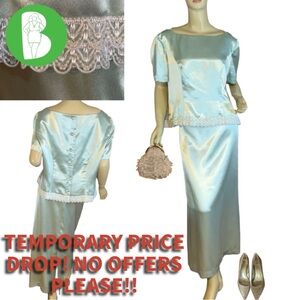 VINTAGE 1980'S HANDMADE/HOMEMADE MINTY GREEN SATIN W/WHITE TRIM SKIRT SET (XL)